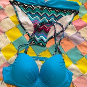 adidas Bright Turquoise Bikini Set with Multicolor Chevron Bottom